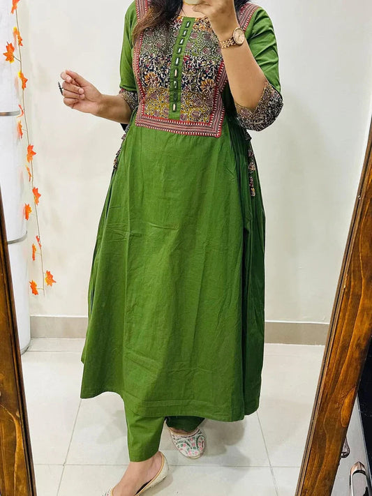 Women's Olive Green Cotton Anarkali Kurta Pant Set with Embroidered Yoke