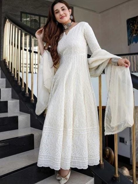 Off-White Lucknowi Chikankari Anarkali Suit Set with Dupatta