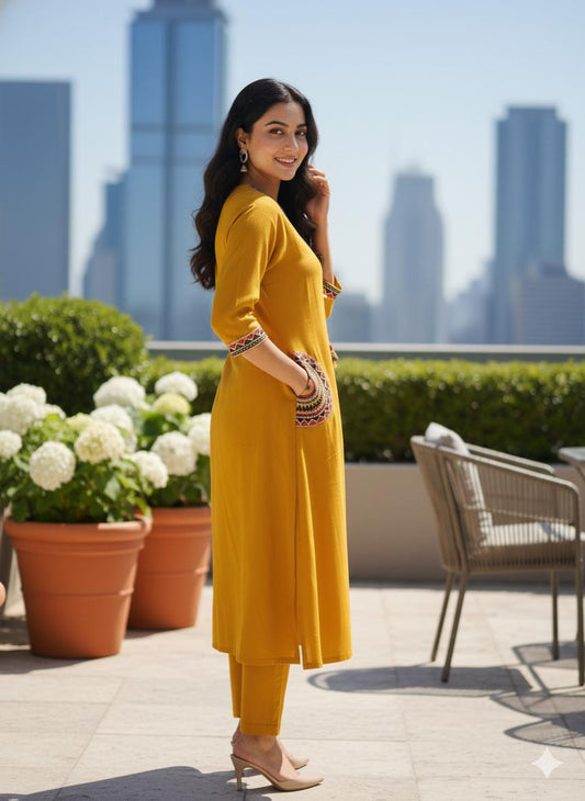 Sunlit Mustard Embroidered Kurta Set