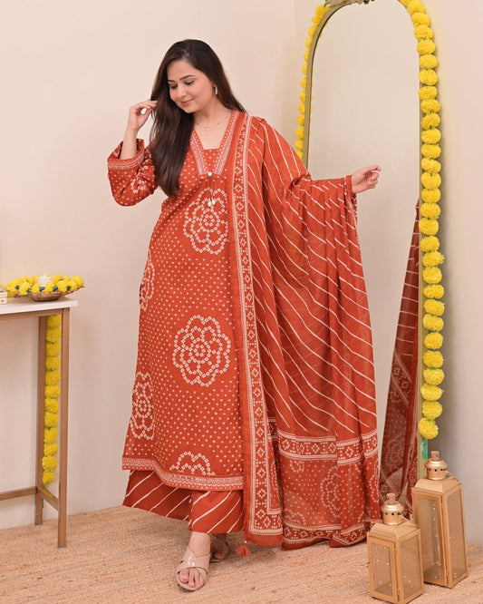 Rust Bandhani Print Kurta Set with Dupatta