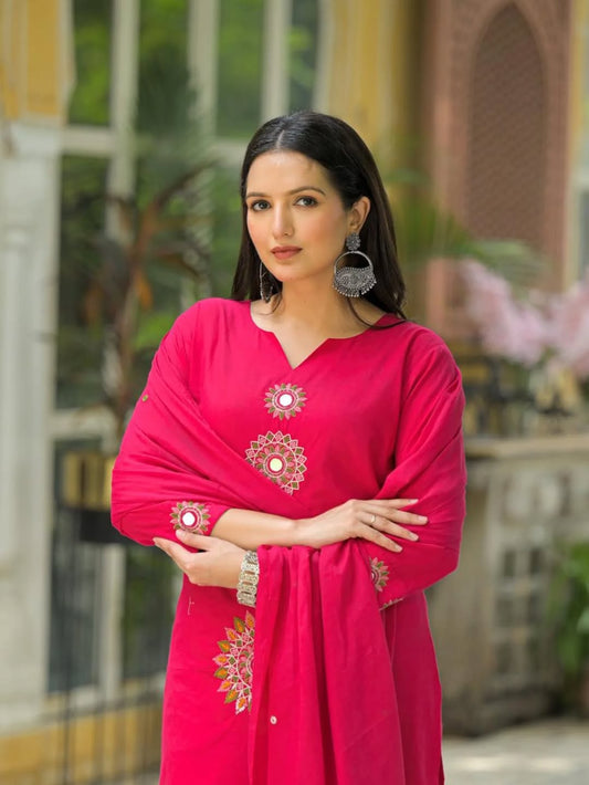 Rani Pink Embroidered Kurta Set with Sheer Dupatta