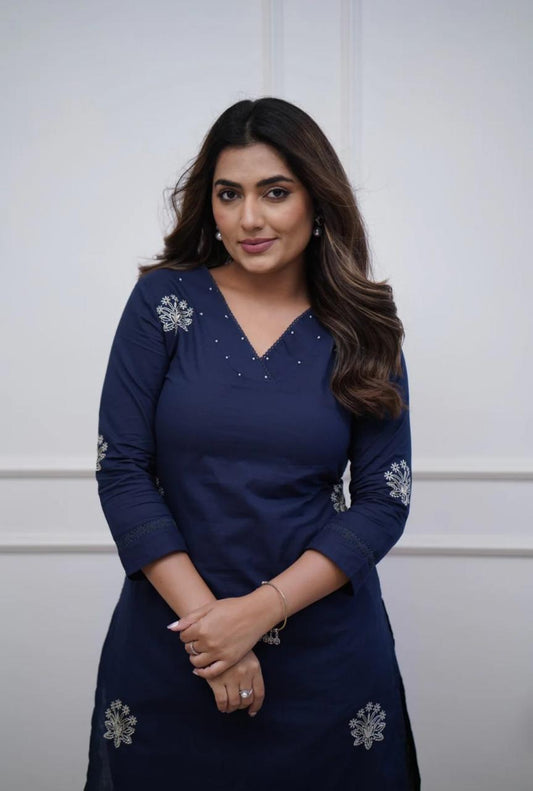 Midnight Blue Embroidered Straight Kurta Set