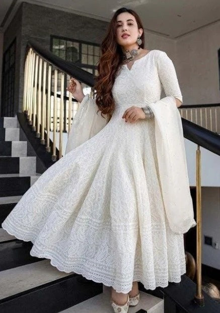 Off-White Lucknowi Chikankari Anarkali Suit Set with Dupatta