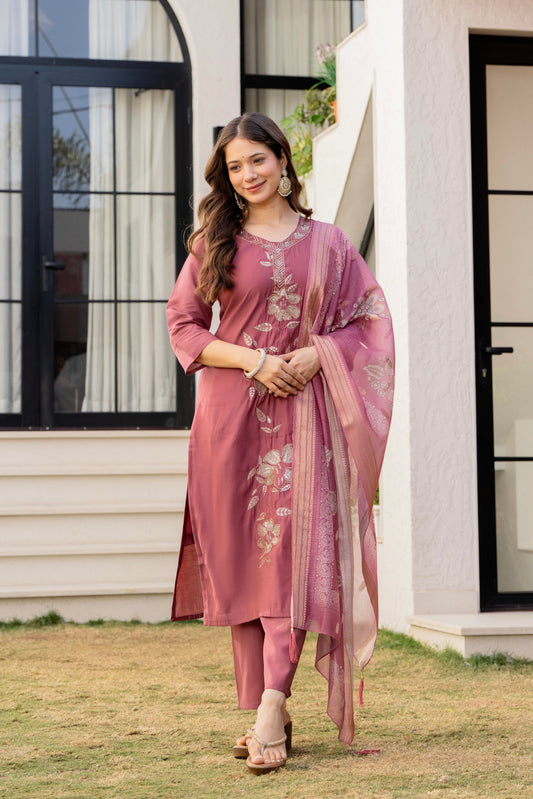 Blush Rose Embroidered Kurta Set with Elegant Floral Dupatta