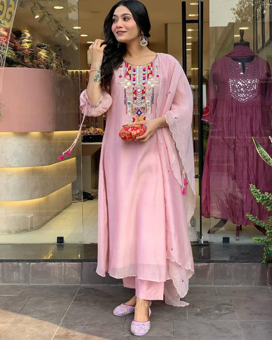 Blush Pink Kurta Set with Colorful Embroidered Yoke and Dupatta