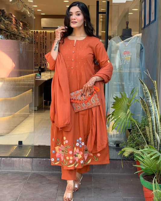 Rust Orange Embroidered Cotton Kurta Set