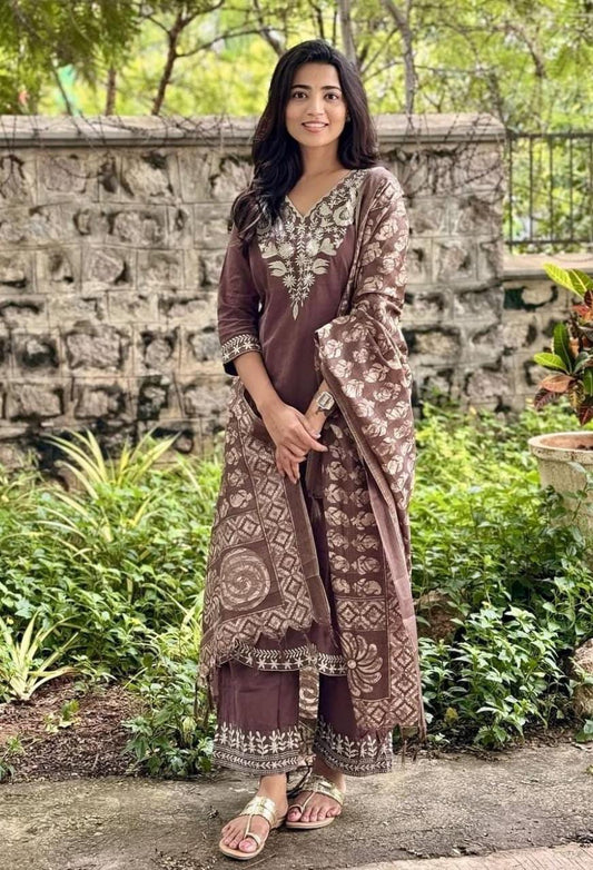Brown Embroidered Kurta Pant Set with Printed Dupatta