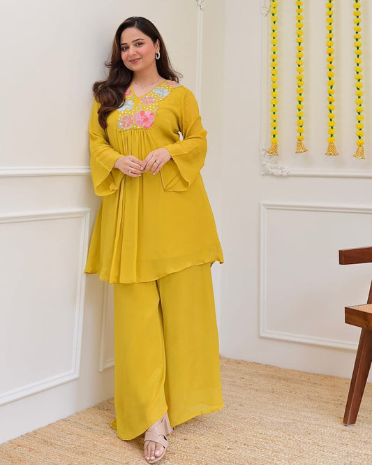 Mustard Yellow Floral Embroidered Yoke Short Kurti with Palazzo Set