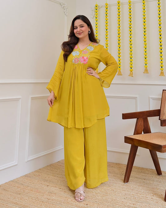 Mustard Yellow Floral Embroidered Yoke Short Kurti with Palazzo Set